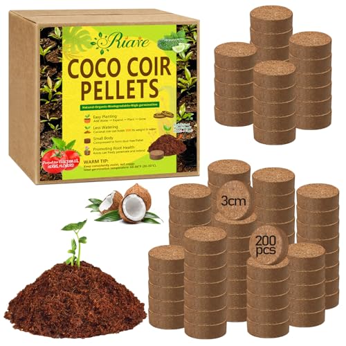 Riare 200 Pcs 30mm Organic Coco Coir Seed Starter Soil, Compressed Coconut Coir Potting Soil Mix for Seed Starting, Coconut Fiber Pellet for Planting Indoor & Outdoor Plants, Vegetables, Garden - color: 30mm