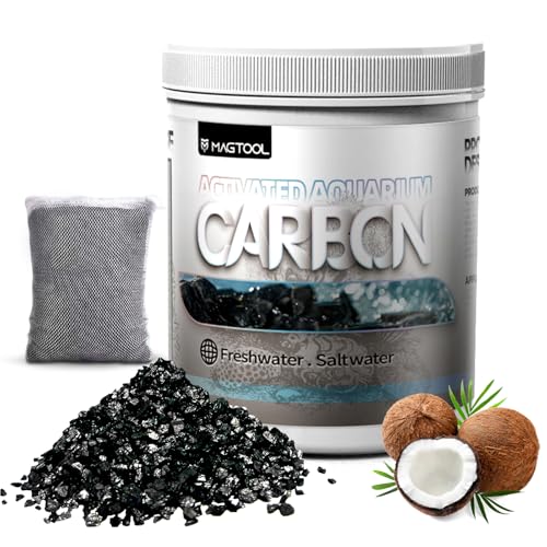 MagTool Aquarium Activated Carbon, Natural Coconut Shell Activated Charcoal for Freshwater, Planted, and Reef Tanks – Removes Odors, Discoloration & Impurities(1000ml with Fine Mesh Bag)