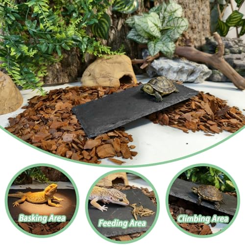 Reptile Basking Platform,7.9"x3.9" Bearded Dragon Basking Slate Rock with Bark Substrate,Tortoise Rock Plate Feeding Dish Resting Climbing Tank Accessories for Lizards Snakes Turtles Gec - size: S | 7.9" x 3.9"Slate Rock with Bark Substrate