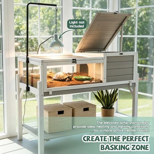 Large Tortoise Habitat with Adjustable Lamp Stand & Storage Shelf, Wooden Tortoise Enclosure with Viewing Window, Pull-Out Tray, 2-Room Reptile Turtle Enclosure House Indoor & Outdoor, Grey - size: 40.4"L x 23.0"W x 32.0"H