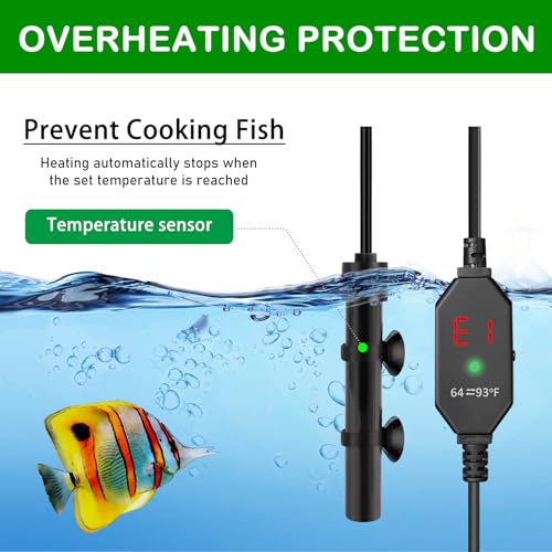 Small Submersible Aquarium Heater, Adjustable Mini Fish Tank Heater 15W 25W 50W with External Temperature Controller, Digital Display, Alumina Ceramic, for 3/5/10 Gallons (50W)