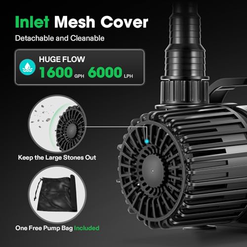 VIVOSUN 1600 GPH Submersible Water Pump with Barrier Bag, 100W Pond Pump, Ultra Quiet Aquarium Pump with 14FT. Lift Height for Pond, Waterfall, Fish Tank, Statuary, Hydroponic - color: Black Round, size: 13"×7"-1600 with Barrier Bag