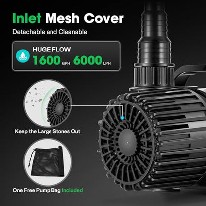 VIVOSUN 1600 GPH Submersible Water Pump with Barrier Bag, 100W Pond Pump, Ultra Quiet Aquarium Pump with 14FT. Lift Height for Pond, Waterfall, Fish Tank, Statuary, Hydroponic - color: Black Round, size: 13"×7"-1600 with Barrier Bag