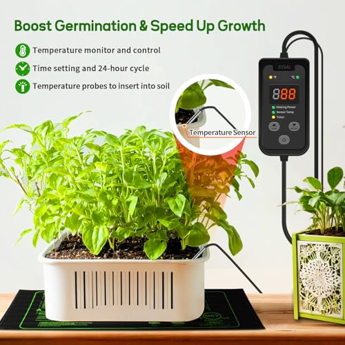 SYSAI Seedling Heat Mat 10" x 21" with Digital Thermostat, Waterproof Heating Pad for Indoor Seed Starting, Germination, Greenhouse & Reptile Tank
