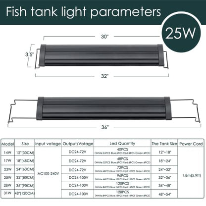 AQQA Aquarium Light,Full Spectrum LED Fish Tank Lights,12"-54" Adjustable Multi-Color White Blue Red Green LEDs with Extendable Brackets,14W-31W for Freshwater Plants (25W (32"-36")) - size: 25W (32"-36")