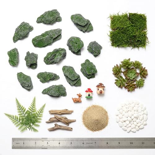 Miniature Moss Stones for Terrarium - Tree Bark Diorama Rocks for Miniature Terrain Display - Lightweight Reptile Habitat Decor - NOT for Aquarium Underwater Use - 12 Pcs Moss-Covered (1-2 inch) - style: 12P Moss Slate Rocks (Wooden)