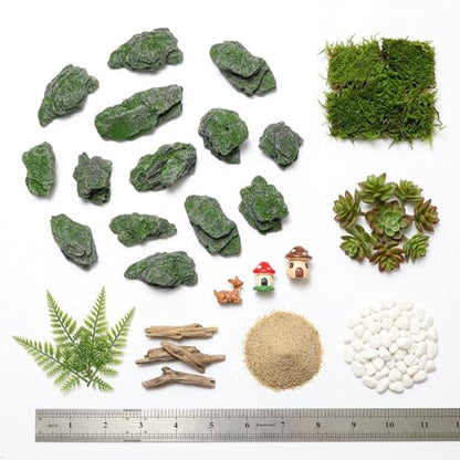 Miniature Moss Stones for Terrarium - Tree Bark Diorama Rocks for Miniature Terrain Display - Lightweight Reptile Habitat Decor - NOT for Aquarium Underwater Use - 24 Pcs Moss-Covered (1-2 inch) - style: 24P Moss Slate Rocks (Wooden)