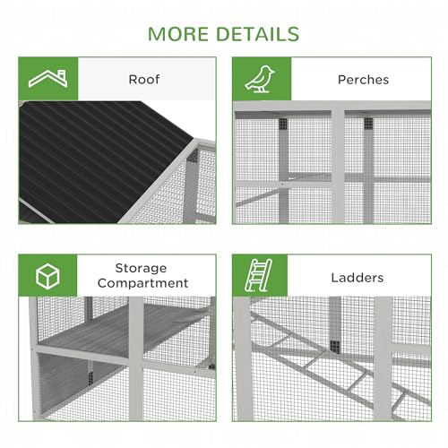 PawHut Wooden Chicken Coop Run for 6-10 Chickens, Hen House, Poultry Cage Add-On with Storage, Perches, 141.75" x 48" x 61", Gray - color: Gray