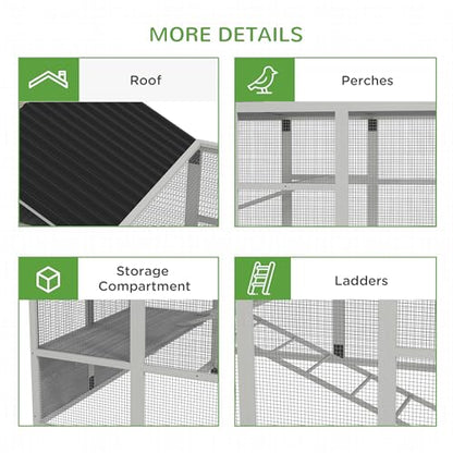 PawHut Wooden Chicken Coop Run for 6-10 Chickens, Hen House, Poultry Cage Add-On with Storage, Perches, 141.75" x 48" x 61", Gray - color: Gray