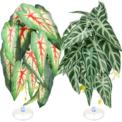 QUOZUO 2 Pack Reptile Plants for Terrarium, Artificial Leaves Habitat Decorations with Suction Cups, Terrarium Hanging Plants Vines for Bearded Dragons Lizards Snake Geckos Frogs - red and White