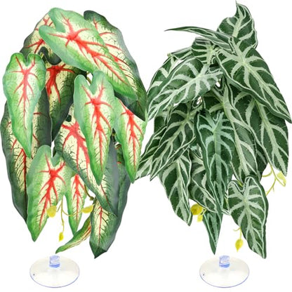 QUOZUO 2 Pack Reptile Plants for Terrarium, Artificial Leaves Habitat Decorations with Suction Cups, Terrarium Hanging Plants Vines for Bearded Dragons Lizards Snake Geckos Frogs - red and White