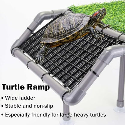 Turtle Basking Platform, Extra Large Turtle Dock with Artificial Grass and Non-Slip Ramp, 13.4" x 10" Resting Area Fits 75/90/120 Gallon Tanks