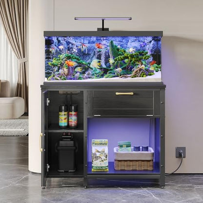 Bestier 40-50 Gallon Fish Tank Stand with Power Outlet&LED Light, 37x18 Heavy-Duty Metal Aquarium Stand with Cabinet&Drawer for Accessories Storage, Suit for Reptile/Turtle Terrarium,660Lbs Capacity