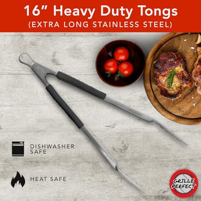Grill Tongs 16-Inch Extra Long Heavy Duty for Grilling and Barbecue Heat Resistant Hand Grips Stainless Steel for BBQ Outdoor Kitchen and Cooking Hot Grilled Food - size: 16 Inches