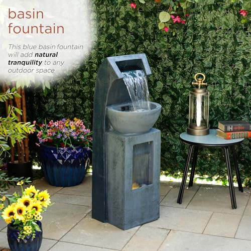 Alpine Corporation 41" Tall Outdoor Basin Waterfall Floor Fountain with LED Lights for Garden, Patio, Lawn and Backyard Decor, Gray - style: 41"H - Basin Fountain w/ LEDs