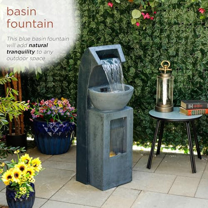 Alpine Corporation 41" Tall Outdoor Basin Waterfall Floor Fountain with LED Lights for Garden, Patio, Lawn and Backyard Decor, Gray - style: 41"H - Basin Fountain w/ LEDs