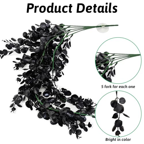 Hamiledyi 4 PCS Reptile Plants, Hanging Terrarium Plants, Artificial Leaves Habitat Decorations with Suction Cup, Fake Amphibian Plants for Bearded Dragon Lizard Hermit Crab Geckos Chameleon(Black) - size: 4 PCS