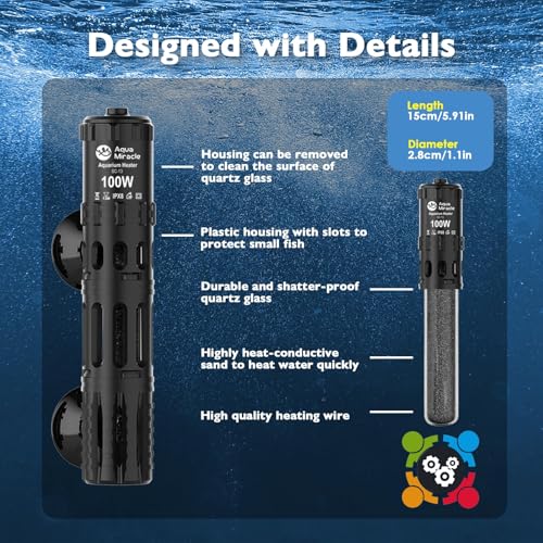 AquaMiracle Submersible Aquarium Heater, 100W Fish Tank Heaters with LED Digital Temp Display, Dry-Run Auto Power-Off & Overheat Protection, for Freshwater and Saltwater Tanks (10-20 Gal) - size: For 10-20 Gal Aquariums