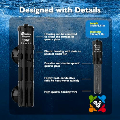 AquaMiracle Submersible Aquarium Heater, 100W Fish Tank Heaters with LED Digital Temp Display, Dry-Run Auto Power-Off & Overheat Protection, for Freshwater and Saltwater Tanks (10-20 Gal) - size: For 10-20 Gal Aquariums