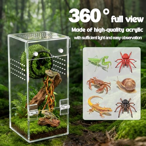 No Assembly Upgraded Acrylic Jumping Spider Enclosure Kit,Magnetic Closure Front Door & 3-Side Ventilation, with Tweezer &Thermometer Strips &Reptile hidepout,Ideal for Snail,Insect,Lizard,Tarantula - size: Habitat+Tweezers+Temperature strip+Hideout