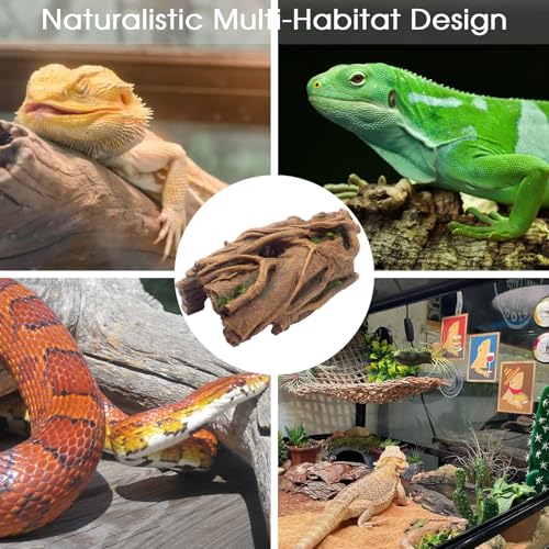 Lizard Snake or Reptile Hide, Large Hollow Log Snake Hideout for Ball Python Bearded Dragon and Gecko Eco-Friendly Resin Tank Accessory with Basking Platform & Multi-Functional Décor