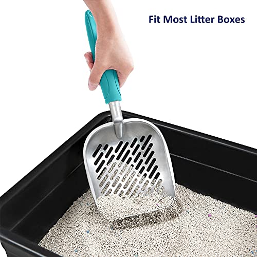WePet Cat Litter Scoop, Aluminum Alloy Sifter, Kitty Metal Scooper, Deep Shovel with Diagonal Sifting Hole, Long Handle, Kitten Poop Lifter for Litter Box, Medium Size, Turkish Blue Handle - color: #02 Turkish Blue, size: Medium