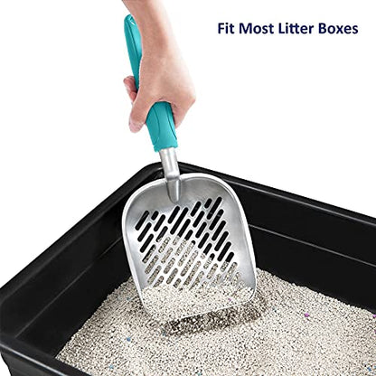 WePet Cat Litter Scoop, Aluminum Alloy Sifter, Kitty Metal Scooper, Deep Shovel with Diagonal Sifting Hole, Long Handle, Kitten Poop Lifter for Litter Box, Medium Size, Turkish Blue Handle - color: #02 Turkish Blue, size: Medium