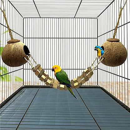 Hamiledyi Coconut Bird Nest Hut with Ladder Hanging Birds Hide House Toy for Cage Natural Coco Shell Hideaway for Parakeet Lovebirds Finch Syrian Hamster Gecko Squirrel Climbing - size: 1PCS 31.9*19.3in