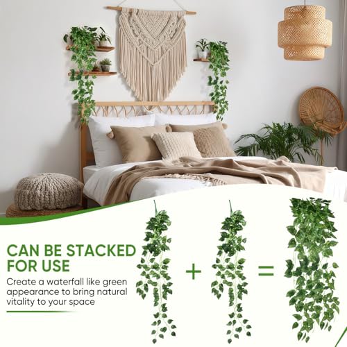 6 Pcs Fake Hanging Plants Vines Artificial Pothos Faux Ivy Greenery Ideal for Wall Shelf Home Bedroom Living Room Office Patio Garden Indoor Outdoor Decor - size: 6