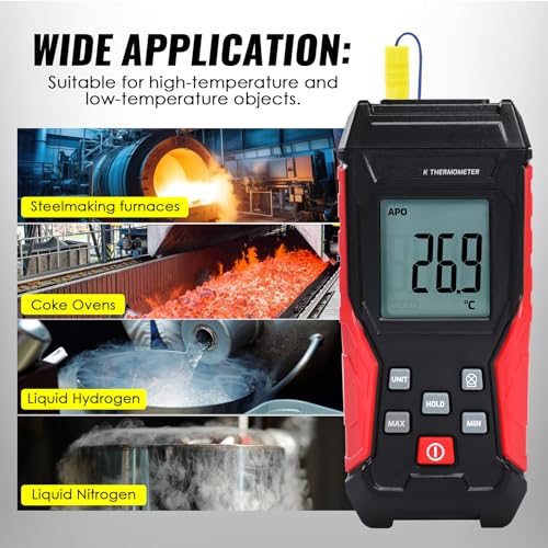Digital K Type Thermometer with Two Thermocouple Probes, -328°F~2501°F Single Channel Thermocouple Thermometer HVAC Temperature Meter with Backlit LCD Display Max/Min, Data Hold