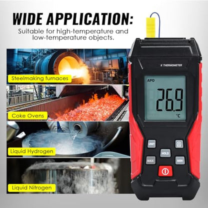 Digital K Type Thermometer with Two Thermocouple Probes, -328°F~2501°F Single Channel Thermocouple Thermometer HVAC Temperature Meter with Backlit LCD Display Max/Min, Data Hold