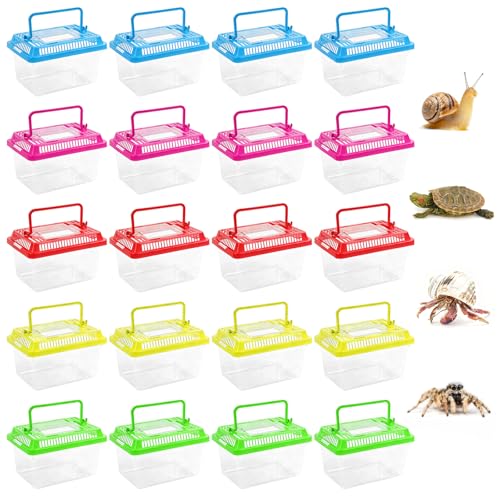 20 Pack Small Plastic Reptile Carrier, Tarantula Enclosure Breeding Box with Handle and Ventilation Lid, for Spider Lizard Turtle Hermit Crab Fish, 5.1 x 3.5 x 3.5 Inch, Multi-Color