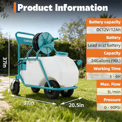 Garvee 24 Gallons Battery Powered Sprayer with Wheeled Cart, 12V 12Ah Electric Sprayer with 6 Nozzles & 2 Wands, 5-6 Hour Runtime, 90PSI Adjustable Pressure, Trigger Lock, Yard Sprayers for Lawn - size: 24 Gal.