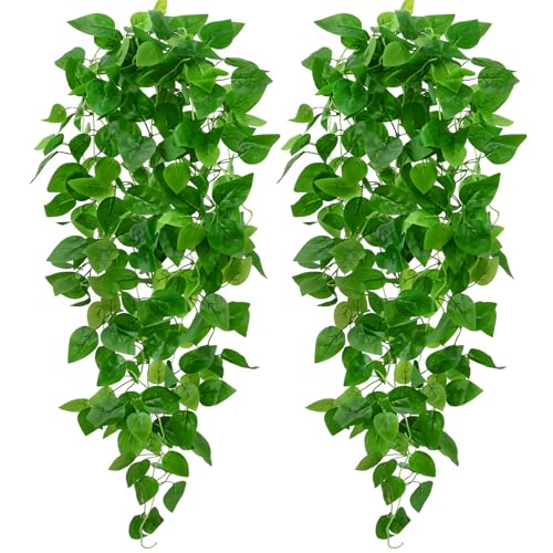 BLEUM CADE 2Pcs Fake Hanging Plants, 9 Branch Artificial Hanging Plant, Lush Faux Pothos Vines for Home Room Wall Shelf Porch Outdoor Indoor Decor (No Baskets) - color: Pothos Ivy Vines - 9 Branch, size: 2pcs