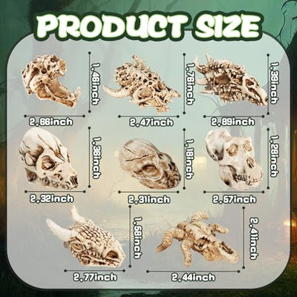 Bbiamsleep 8 Pcs 2.3 Inch Animal Skulls Figurine Resin Mini Skulls Dinosaur Alien Animal Skulls Decor Ornament Mini Skull Heads for DIY Projects Halloween Christmas Decoration