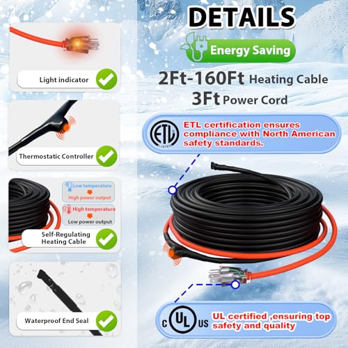 HEATIT 9ft Self-Regulating Heating Cable for Pipe Freeze Protection 3W/FT | ETL certified for freeze protection and safe operation, built-in thermostat turns on at 37°F (3°C) , off at 50°F (10°C). - style: 9 ft
