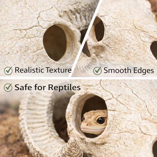 Reptile Hide Cave Decoration, Ram Skull Style Resin Shelter for Gecko, Lizard, Snake and Amphibian, Natural Habitat Decor for Small Reptiles
