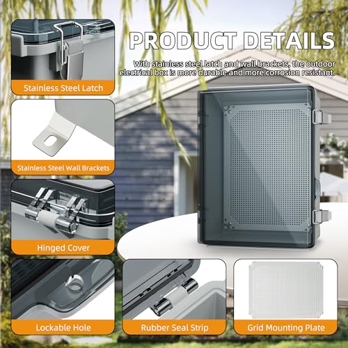 Joinfworld Electrical Box Weatherproof Plastic Junction Box 15.7x11.8x7.1 Outdoor WiFi Nema 4 Enclosure Clear Cover for Electric Connection Exterior Project | ABS Electrical Box with DIN Rail, Stainless Latches, Cable Glands for Outdoor WiFi, Circuit Brea