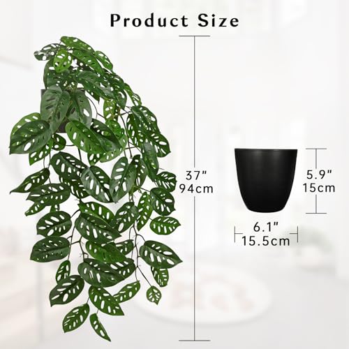 Large Fake Hanging Plants in Pot with Hook, 37" Artificial Hanging Monstera Albo Vines Plants, Fake Potted Greenery Plant for Room Wall Living Room Bathroom Kitchen, Big Faux Ivy Houseplants for Shelf - color: # Monstera Albo