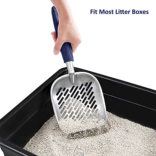 WePet Cat Litter Scoop, Aluminum Alloy Sifter, Kitty Metal Scooper, Deep Shovel with Diagonal Sifting Hole, Long Handle, Kitten Poop Lifter for Litter Box, Medium Size, Blue Handle - color: #01 Blue, size: Medium