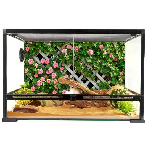YongFoto Reptile Terrarium Background 36x14 inch Reptile Tank Background Floral Wall Fence Paling Green Leaves Pink Bloom Flower Reptile Habitat Background Bearded Dragon Fish Tank Aquarium Backdrop - color: Green-Pink, size: 36x14in/90x36cm