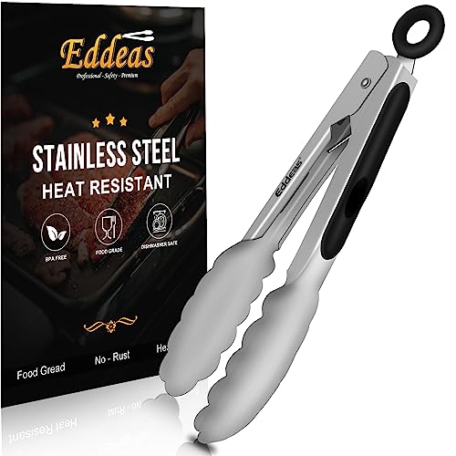 Eddeas Small Tongs For Cooking, Mini 7 inch Kitchen Tongs -Heat Resistant 600 Degrees Stainless Steel and Non-Slip handle - Perfect for Cooking, Salad, Pasta, Steaks, Vegetables,Dishwasher safe - color: Silver 1Pcs, size: 7 inch