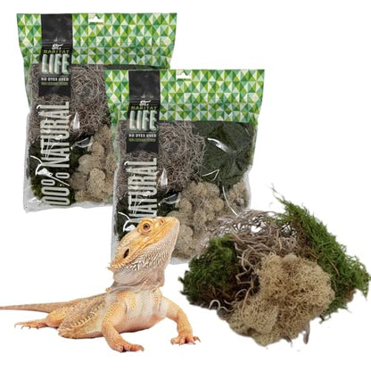 The Habitat Life - Natural Variety Pack - Mix of Reindeer, Mood, Sheet & Spanish Moss - for All Terrariums - Humidity Control - Breathable Bedding - Dye-Free & Safe - Medium - 2 Pack - size: Medium (2-Pack), style: Variety Pack