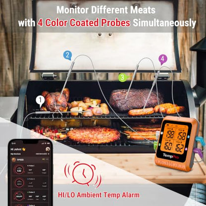 TempPro 650 ft Bluetooth Meat Thermometer with 4 Color-Coded Probes, Wireless Meat Thermometer Digital Wireless with Timer, Utensils Rechargeable for Smoker Oven, Cooking Gift for Dad Him Husband - style: 4 Probes