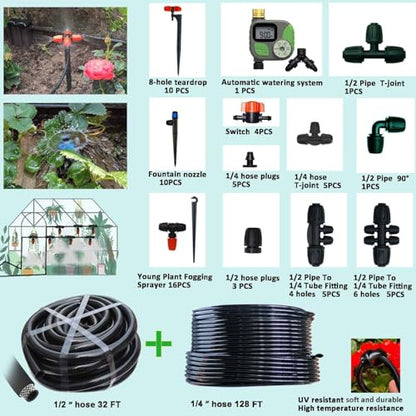 160Ft Drip Irrigation System for with Water Timer Main Water Hose ID 1/2inch 32Ft, 1/4in 131Ft, Sufficient Water Pressure, Irrigation Dripper Waterflow Evenly, Easy DIY Automatic Watering System - size: 32Ft+131Ft