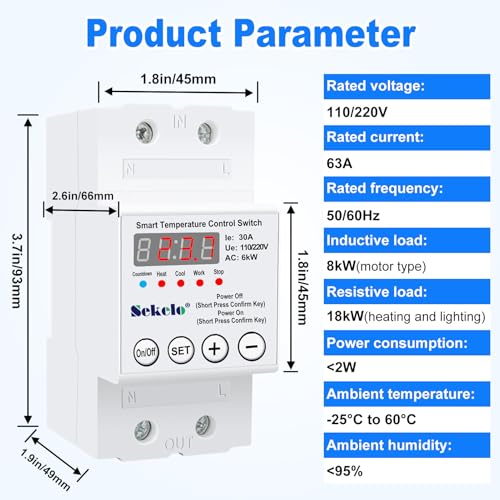 High-Power Temperature Control Switch, Rail-Mounted Digital Thermostat with Real-Time LCD Display for Heating & Cooling, 63A 110/220V, -40°C to 140°C, Ideal for Greenhouses, Aquaculture,Boilers