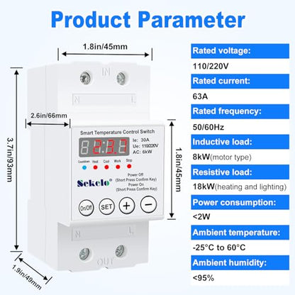 High-Power Temperature Control Switch, Rail-Mounted Digital Thermostat with Real-Time LCD Display for Heating & Cooling, 63A 110/220V, -40°C to 140°C, Ideal for Greenhouses, Aquaculture,Boilers