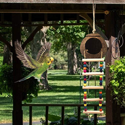 Hanging Coconut Birds House with Ladder,Natural Coconut Fiber Shell Bird Nest for Parrot Parakeet Lovebird Finch Canary,Coconut Hide Birds Swing Toys for Hamster,Bird Cage Accessories,Pet Bird Supply