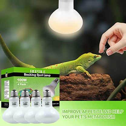 LUCKY HERP 4 Pack 100W Reptile Heat Lamp Bulb (2nd Gen), Amphibian Basking Light Bulb, Reptile Daylight Bulb for Turtle, Bearded Dragon, Lizard Heating Use - size: 100