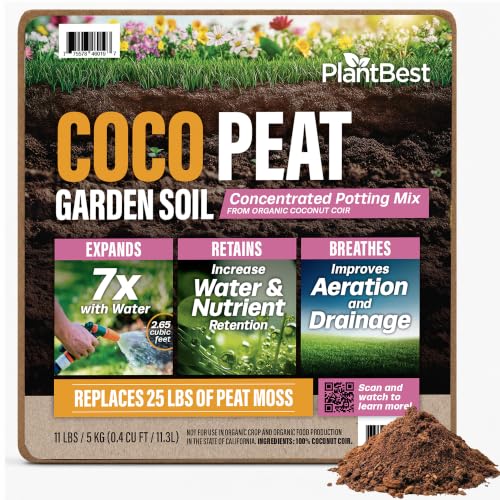 PlantBest Coco Garden Soil 11 lb. Compressed Coconut Coir Block – Expands to 19.8 Gallons, Peat-Free Growing Medium for Gardening and Hydroponics
